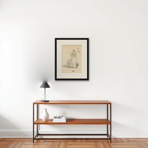 Victorian Bridal Elegance: Exquisite Wedding Gowns in Lithograph, 1889, shown framed on a wall