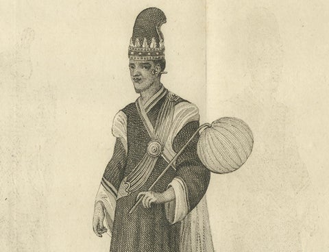 Burmese Minister & Wife in Ceremonial Dress, Antique Costume Print, c.1800, close-up 5