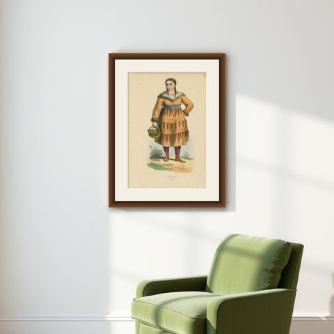 Antique Costume Print of a Kamchadal Woman by Wahlen '1843', shown framed on a wall