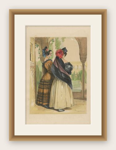 Antique Print of Two Spanish Ladies by J.F. Lewis, 1836, shown framed