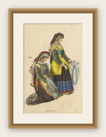Antique Costume Print of Miranda Women by Wahlen, 1843, shown framed