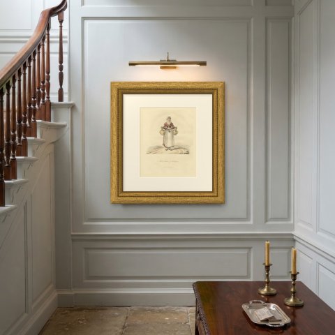 Milk Woman of Valenciennes with Brass Milk Cans, Antique Ackermann Print, 1817, shown framed on a wall