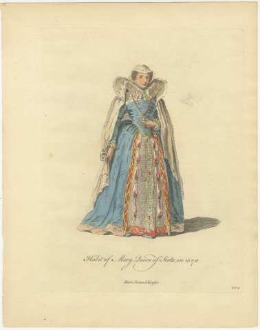 Habit of Mary Queen of Scots in 1570, Hand Colored Jefferys Costume Plate, 1757, view 2