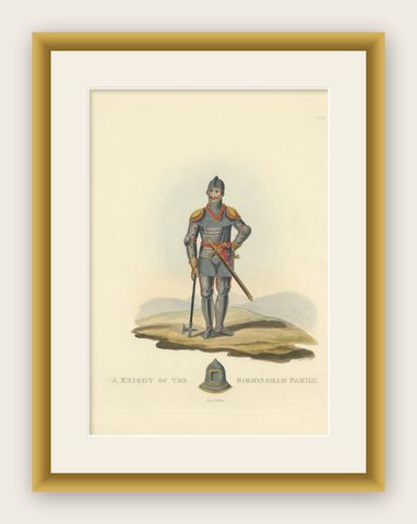 Antique Print of a Knight of the Birmingham Family, 1842, shown framed