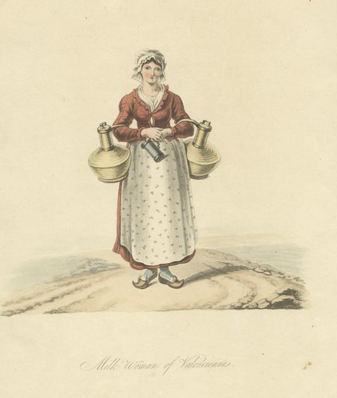 Antique Print of a Milk Woman of Valenciennes in France, 1817, close-up 1