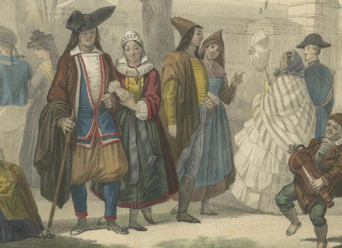 French Regional Costumes, Bretons, Parisians and Savoyard, c.1845, close-up 2