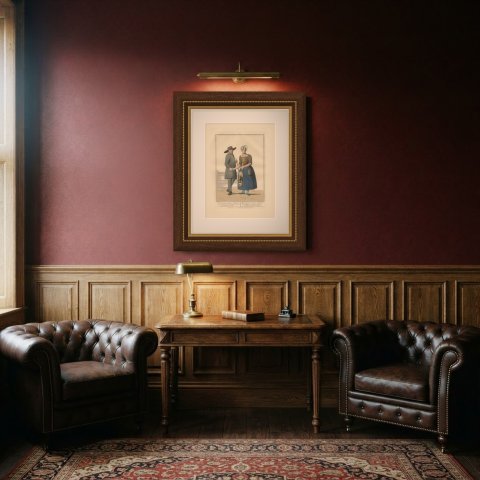 Mennonites of Kampereiland on the Way to Meeting, Dutch Costume, circa 1820, shown framed in a room