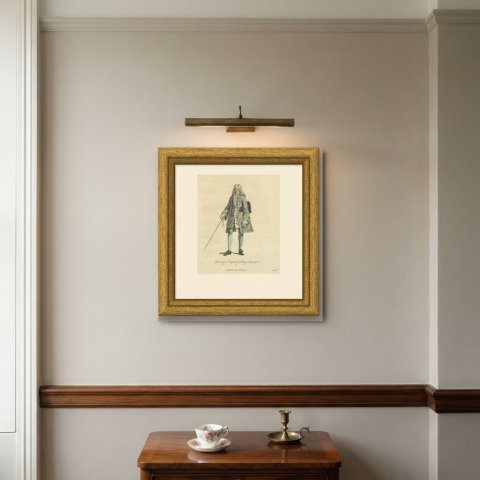 English Gentleman about 1700, Periwig, Cane and Tricorn, Jefferys Print, 1757, shown framed on a wall