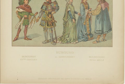 Burgundian Renaissance-Era Costume, 15th Century Antique Print, Published c.1880, close-up 5
