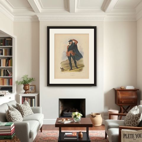 Antique Costume Print 'Colquhon' Scotland by L. Dickenson, circa 1847, shown framed in a room