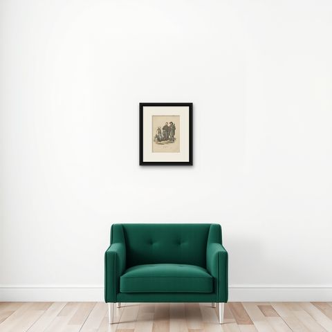 Antique Costume Print of Rättvik in Sweden by Sandberg, circa 1864, shown framed on a wall