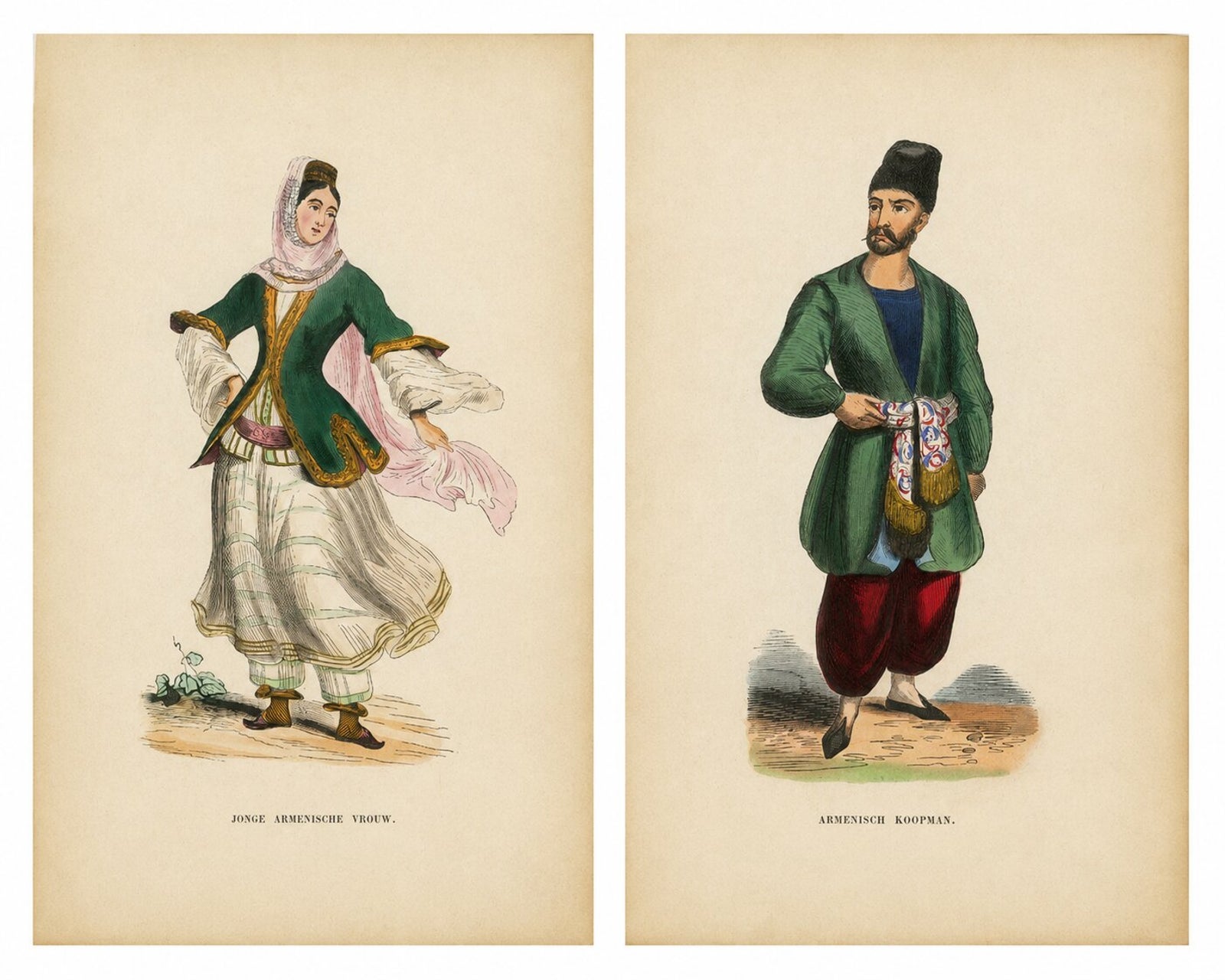 Antique Armenian Costume Prints, Hand-Colored Ethnographic Lithographs, 1852