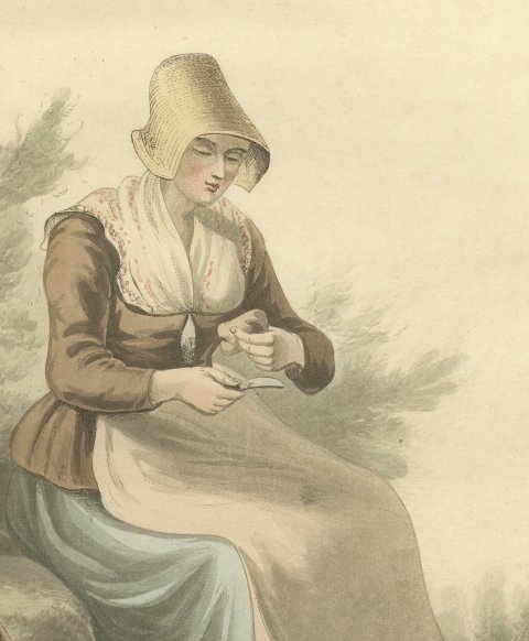 Woman of Brabant Resting with Staff and Bundle, Antique Ackermann Print, 1817, close-up 1