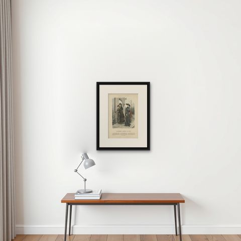 Antique Fashion Print by Marquart, 1881, shown framed on a wall