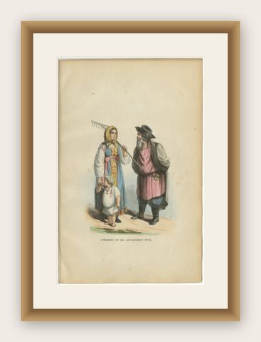 Russian Peasants from the Tver Governorate - Antique Costume Lithograph, c.1852, shown framed