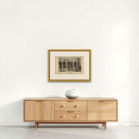 Original Antique Fashion Print, Published in February, 1881, shown framed on a wall