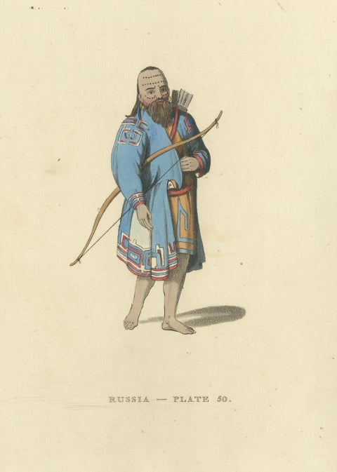 Hand-Colored Engraving of Aleutian and Kurilian Traditional Attire, 1814, close-up 3