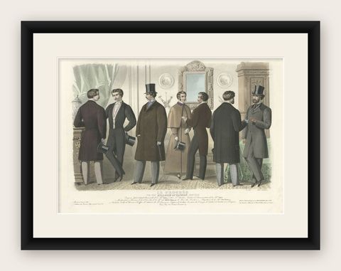Decorative Antique Fashion Print of Males in Costume, 1860, shown framed