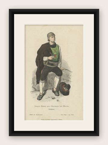 Antique Costume Print of a Young Farmer from the Region of Obermais, South Tyrol, shown framed
