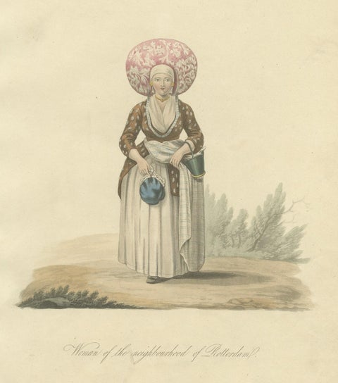 Antique Handcolored Engraving of a woman of the Neighborhood of Rotterdam, 1817, close-up 1