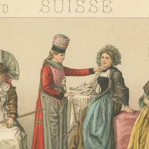 Antique Print of Swiss Women's Dresses by Racinet, circa 1880, close-up 1