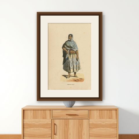 Antique Costume Print of a Female in Jalapa by Wahlen, 1843, shown framed on a wall