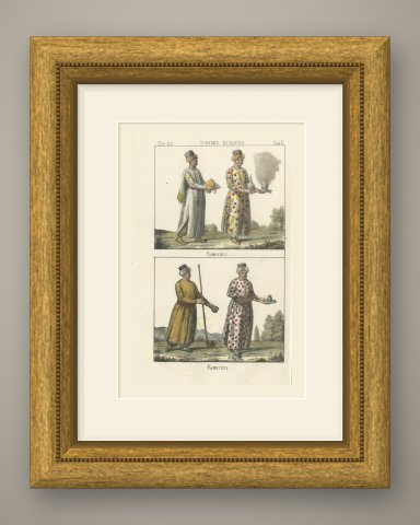Turkish Chamber Servants with Dishes, Censer and Pipe, Lithograph, 1842, shown framed