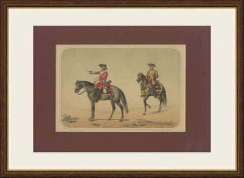Spanish Cavalry Lithograph by José Villegas: Historic Officers, 1861, shown framed
