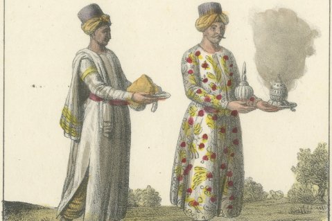 Turkish Chamber Servants with Dishes, Censer and Pipe, Lithograph, 1842, close-up 1