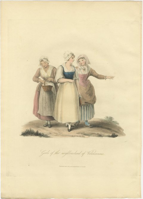Girls near Valenciennes, French Regional Dress, Antique Print, 1817, view 2