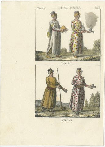 Turkish Chamber Servants with Dishes, Censer and Pipe, Lithograph, 1842, view 2