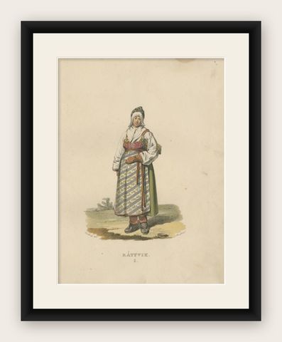 Antique Costume Print of Rättvik in Sweden by Sandberg, circa 1864, shown framed