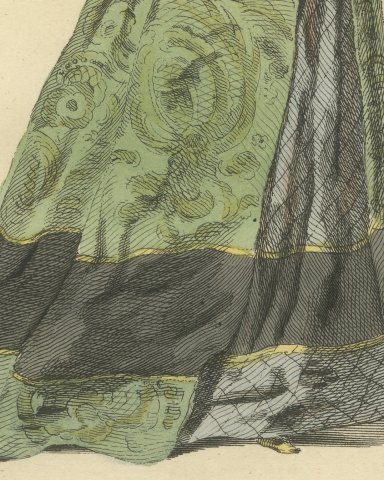 Noblewoman of Swabia in Purple Jacket and Green Skirt, Costume of 1581, 1757, close-up 3
