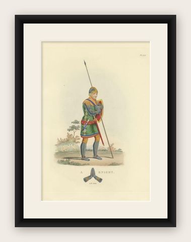 Antique Print of a Knight in England or Scotland '1842', shown framed