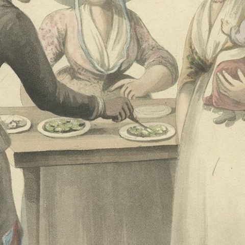 Old Costume Print Showing People at the Fair in Rotterdam, The Netherlands, 1817, close-up 3