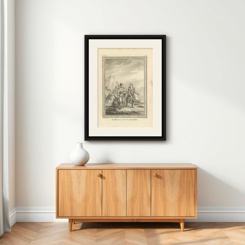18th Century Antique Print of Greenlander's Traditional Clothing, shown framed on a wall
