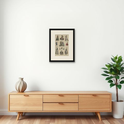 Old Costume Prints of Russia, Italy, France, Jutland, Spain, Austria, Etc., 1875, shown framed on a wall