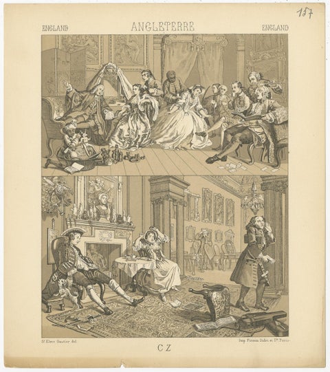 Pl. 157 Antique Print of English Scenes, Costumes by Racinet, 'circa 1880', view 2