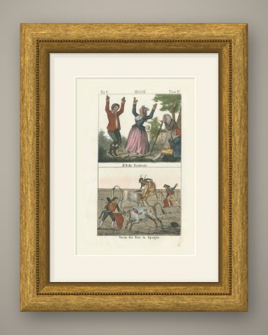 The Fandango Dance and a Spanish Bullfight, Hand Colored Lithograph, 1842, shown framed