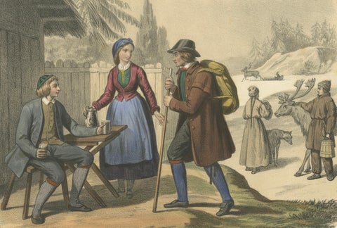 Swedish and Norwegian Costumes, Peasants, Laplanders and Reindeer, c.1845, close-up 1