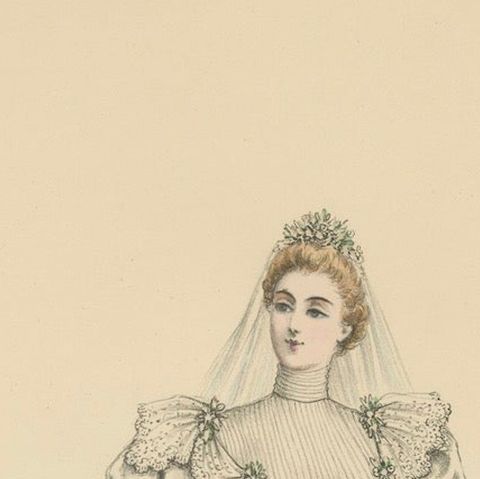 Victorian Bridal Elegance: Exquisite Wedding Gowns in Lithograph, 1889, close-up 5
