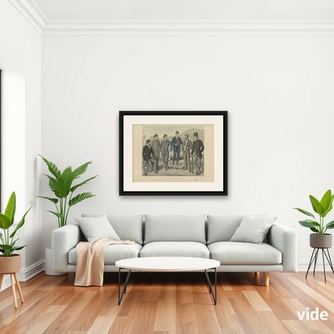 Antique Print of Men's Fashion in Published July 1889 by Klemm & Weiss, C 1900, shown framed in a room