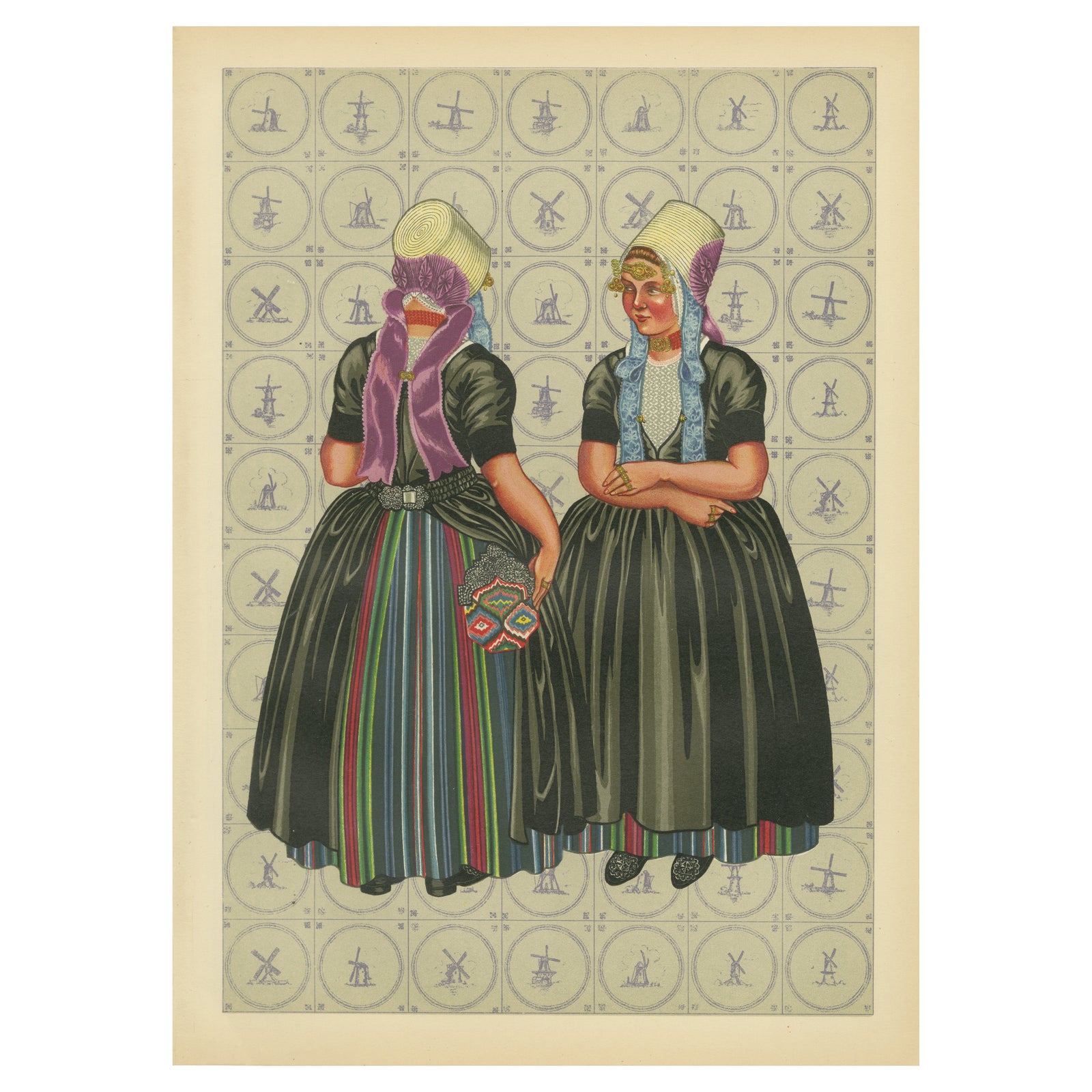 Lithograph of Walcheren Women’s Daily Dress with Bonnets and Beuk, ca. 1860–1890