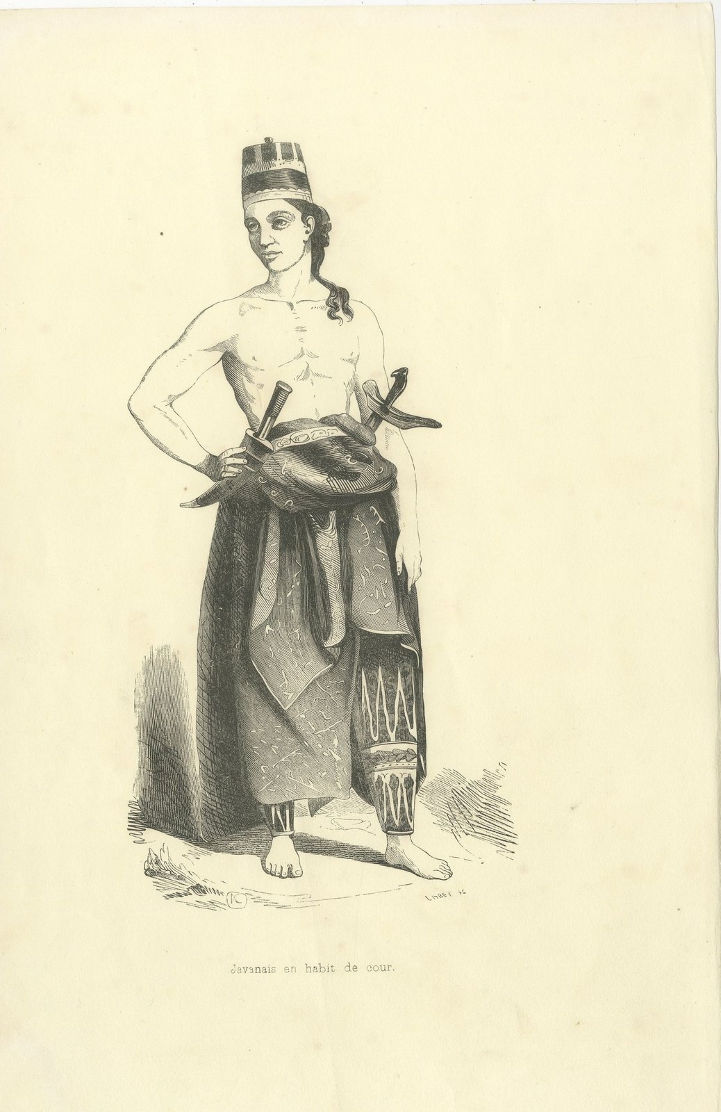 Javanese Man in Court Dress, Antique Wahlen Costume Print, 1843-1844