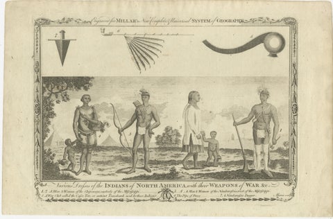 Indians of North America, Dress and Weapons, Millar Geography Engraving, c.1782, view 2