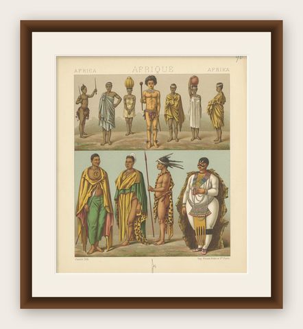 Antique Print of African Costumes Racinet, 'circa 1880', shown framed