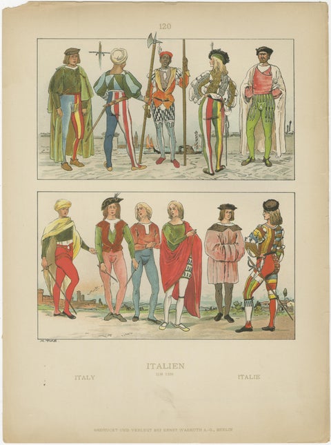 Italy circa 1500, Antique Hand-Colored Renaissance Costume Print, Published 1880, view 2