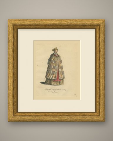 Lady of Silesia in Patchwork Fur Cloak and Gold Headdress, Costume of 1577, 1757, shown framed