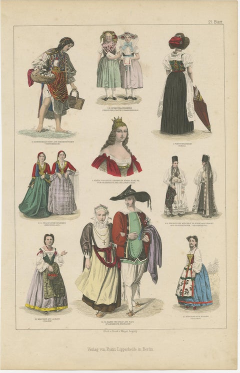 Original Print Showing Costumes of Austria, Tyrol, France, Italy Etc., ca.1875, view 2