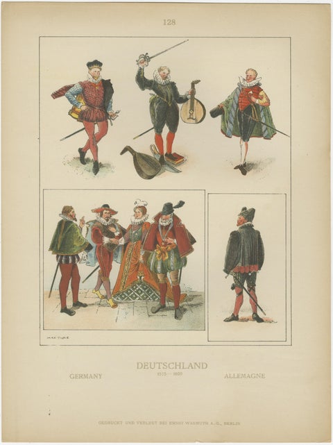 German Renaissance & Landsknecht Costumes 1500s, Set of 6 Antique Prints, 1880, view 4
